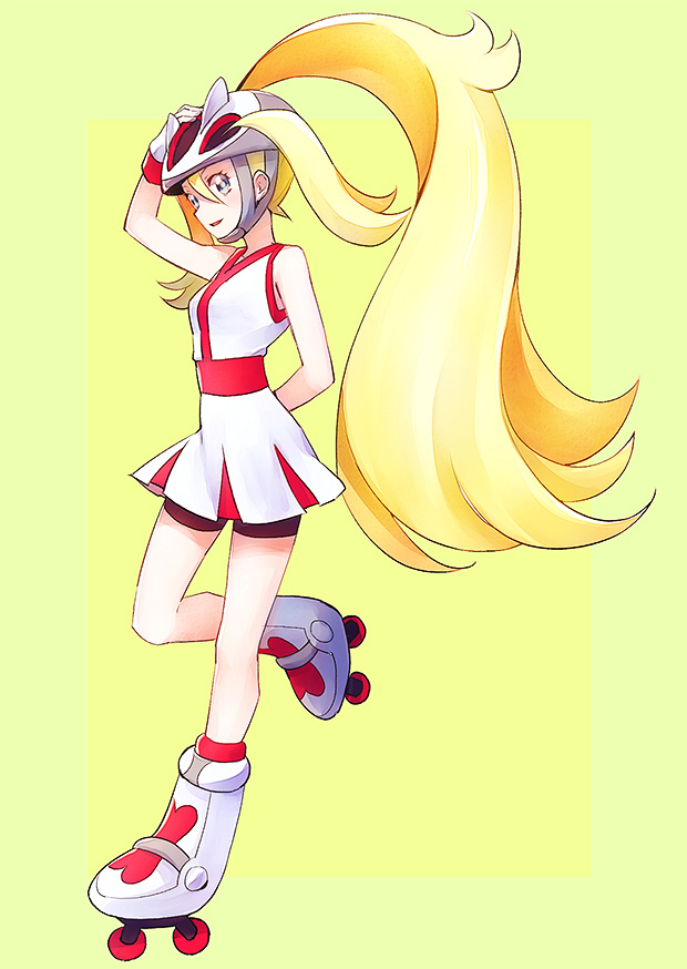 bicycle_helmet blonde_hair breasts dress full_body gloves gym_leader hand_on_headwear helmet koruni_(pokemon) kurochiroko looking_at_viewer pokemon pokemon_(game) pokemon_xy roller_skates short_dress skates sleeveless sleeveless_dress small_breasts smile solo white_dress white_gloves yellow_background