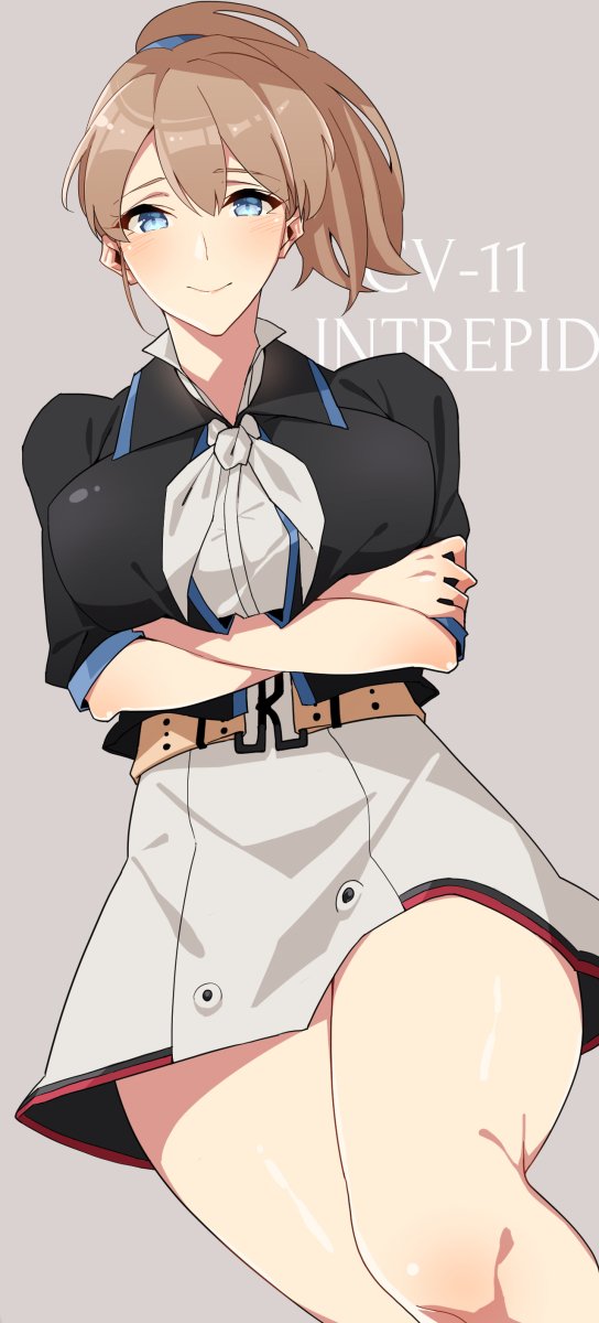 arms_under_breasts asakawa_(outeq) belt black_shirt blue_eyes blue_scrunchie blush breast_hold breasts brown_hair closed_mouth commentary cowboy_shot crossed_arms eyebrows_visible_through_hair hair_between_eyes hair_tie highres intrepid_(kantai_collection) kantai_collection large_breasts long_hair looking_at_viewer neckerchief ponytail scrunchie shirt short_sleeves simple_background skirt smile solo white_neckwear white_shirt white_skirt