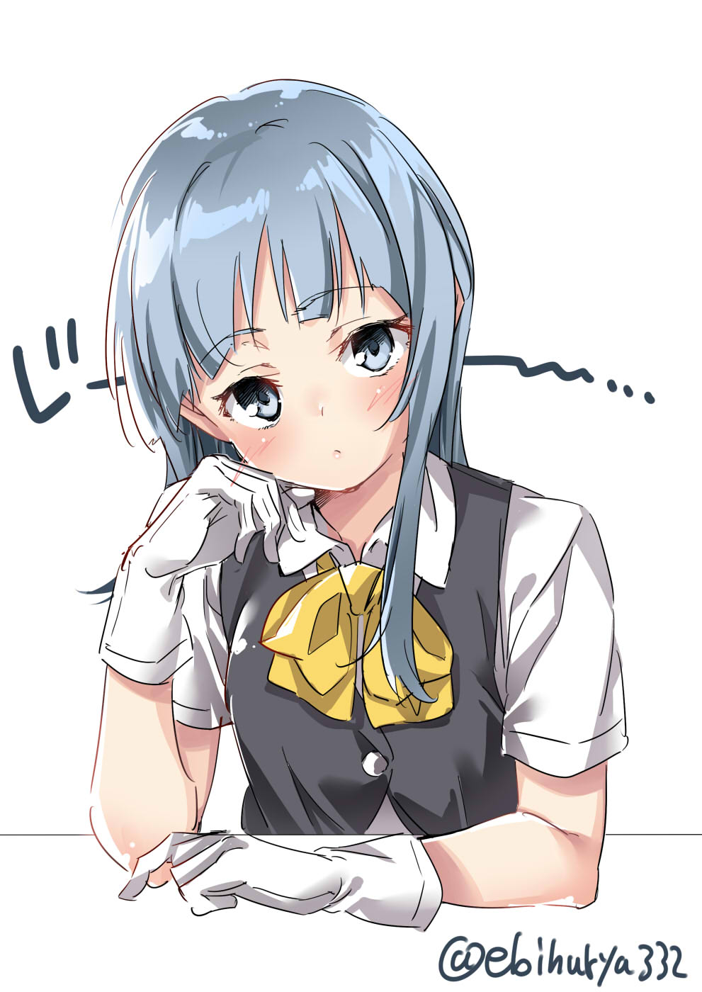 ascot black_vest blue_eyes blue_hair blush closed_mouth ebifurya eyebrows_visible_through_hair gloves hatsukaze_(kantai_collection) head_rest highres kantai_collection long_sleeves looking_at_viewer school_uniform shirt short_sleeves simple_background solo twitter_username vest white_background white_gloves white_shirt yellow_neckwear