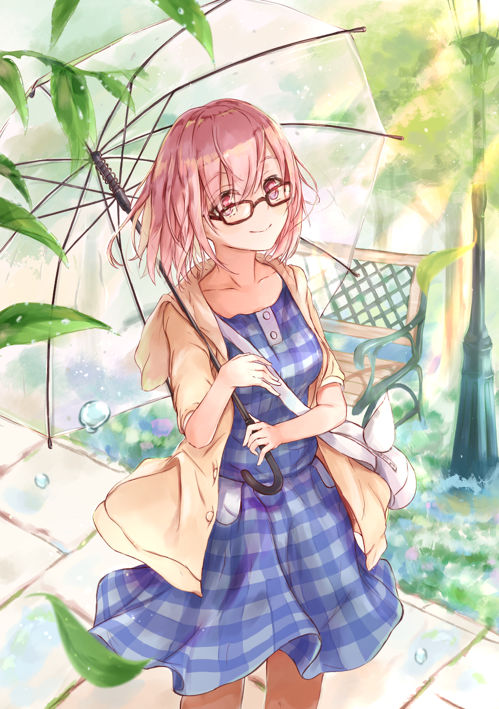 bag bangs bench blue_dress blush breasts brown_jacket closed_mouth collarbone commentary_request cowboy_shot day dress eyebrows_visible_through_hair fate/grand_order fate_(series) flower glasses hair_between_eyes hanagin handbag highres holding holding_umbrella hood hood_down hooded_jacket jacket lamppost mash_kyrielight open_clothes open_jacket outdoors park_bench pink_eyes pink_flower pink_hair plaid plaid_dress red-framed_eyewear shoulder_bag small_breasts solo standing transparent transparent_umbrella umbrella water_drop