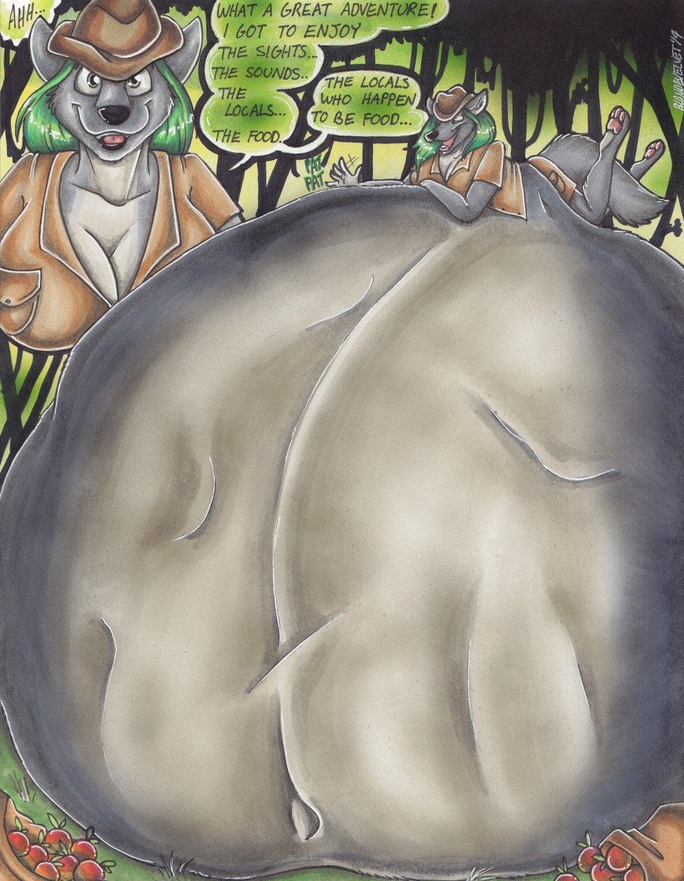 5_fingers abdominal_bulge anthro apple belly belly_slap big_belly big_breasts blondevelvet bottomless breasts canine cleavage clothed clothing conditional_dnp dee_dee_(character) english_text exposed_belly fedora female female_predator food fruit fur green_hair grey_fur hair happy hat huge_breasts hyper hyper_belly implied_digestion jungle mammal mass_vore multiple_prey same_size_vore satisfied smile soft_vore sound_effects stuffing text traditional_media_(artwork) vore wolf