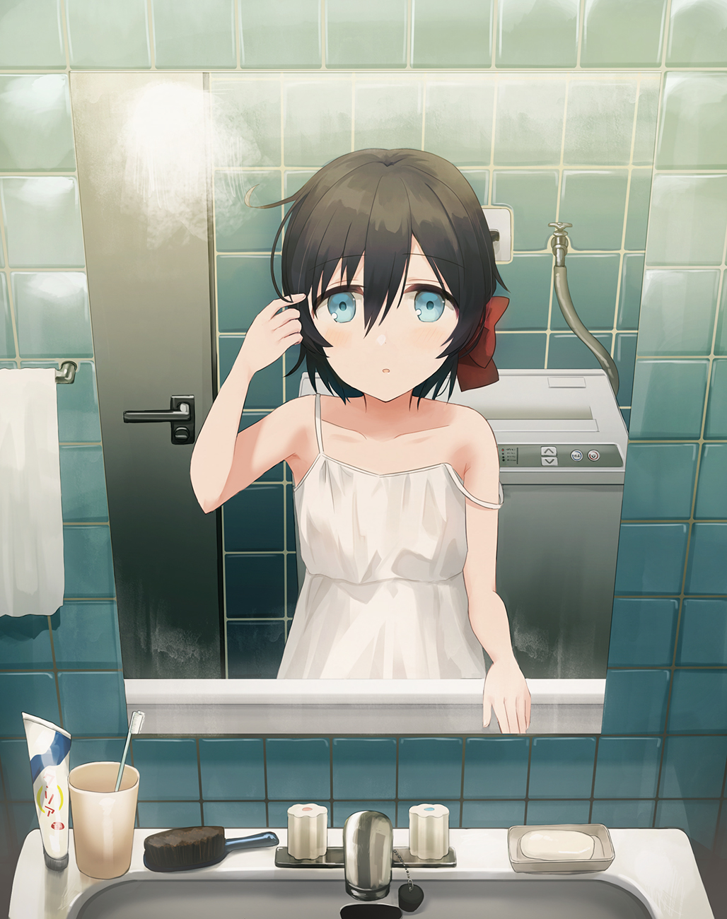 :o arm_up bangs bare_arms bare_shoulders black_hair blue_eyes blush bow chihuri collarbone commentary_request door dress eyebrows_visible_through_hair faucet female_pov fingernails hair_between_eyes hair_bow highres indoors looking_at_viewer mirror original parted_lips pov red_bow reflection sink sleeveless sleeveless_dress soap solo strap_slip tile_wall tiles toothbrush towel white_dress
