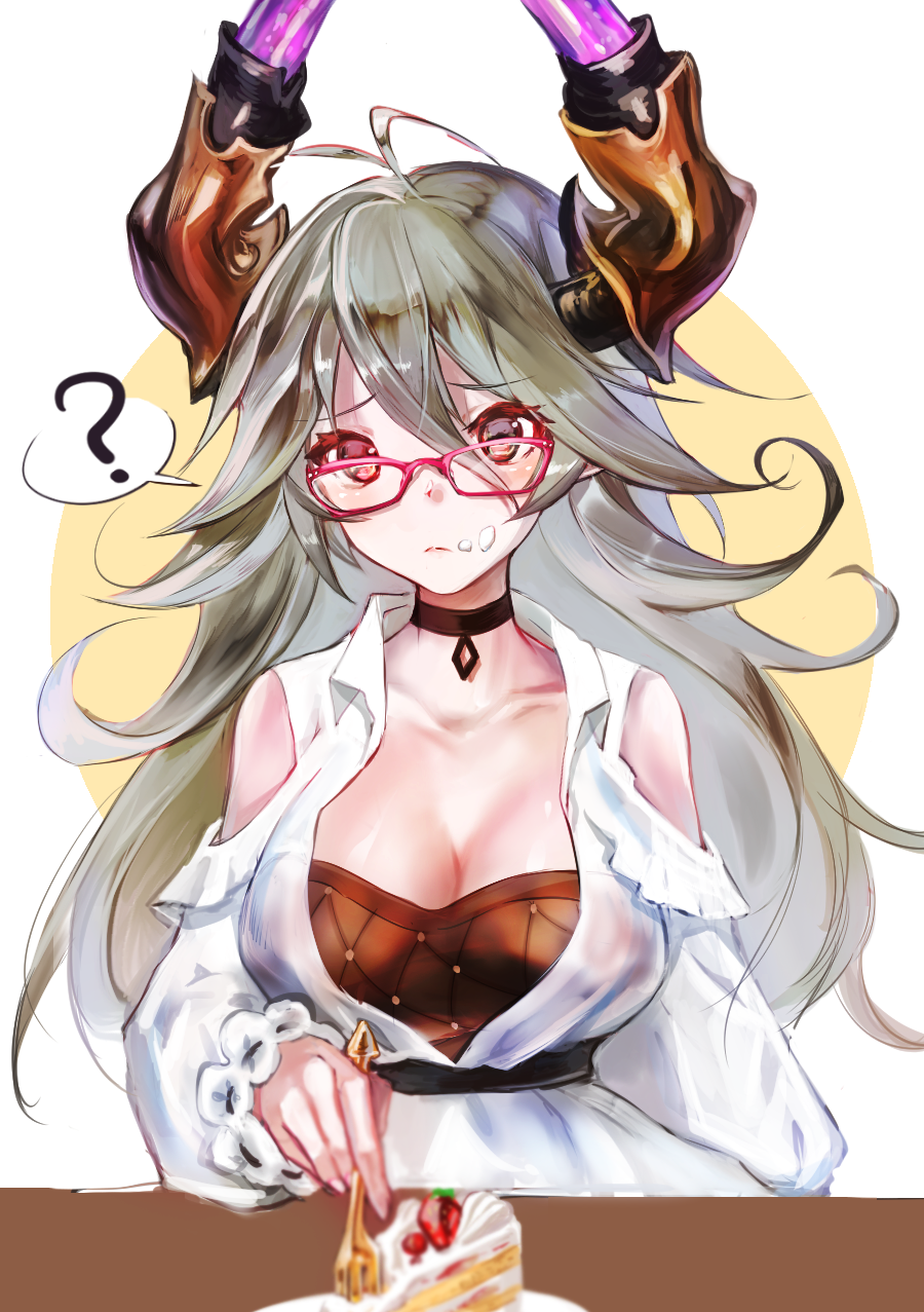 ? alternate_costume antenna_hair bangs bare_shoulders belt bespectacled black_choker breasts cake casual choker cleavage closed_mouth collarbone collared_dress commentary_request confused cream cream_on_face draph dress eyebrows_visible_through_hair food food_on_face fork frilled_sleeves frills frown fruit glasses granblue_fantasy grey_hair hair_between_eyes highres holding holding_fork horns large_breasts long_hair long_sleeves looking_at_viewer nugi_(inugirin) pink-framed_eyewear puffy_long_sleeves puffy_sleeves red_eyes ribbon-trimmed_sleeves ribbon_trim shoulder_cutout simple_background slice_of_cake solo spoken_question_mark strawberry table thalatha_(granblue_fantasy) two-tone_background upper_body white_background white_dress yellow_background