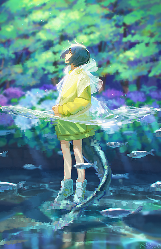 blue_hair blurry commentary day fish full_body hiko_(scape) looking_up mutant original partially_submerged partially_underwater_shot plant raincoat river see-through shoes sneakers stone tail