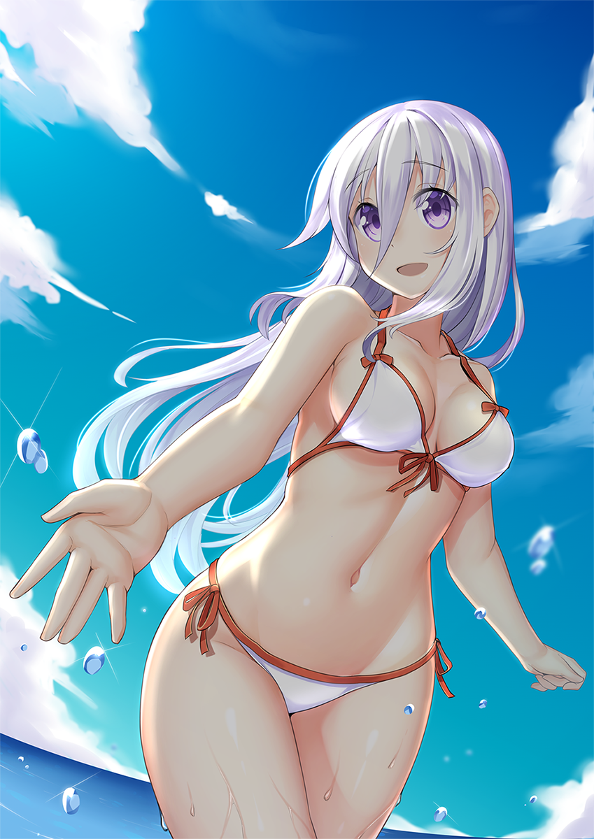 bikini blue_sky breasts cloud cowboy_shot day front-tie_top highres kuro_emimi long_hair looking_at_viewer medium_breasts navel open_mouth original outdoors purple_eyes side-tie_bikini silver_hair sky smile solo splashing swimsuit white_bikini