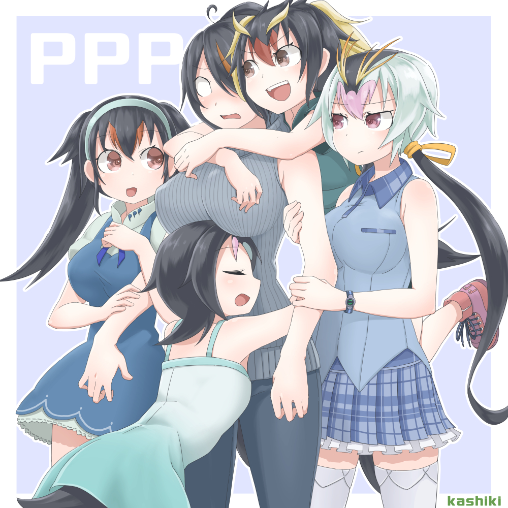 alternate_costume black_hair blank_eyes blonde_hair blush breasts casual closed_eyes collared_vest commentary dress emperor_penguin_(kemono_friends) everyone eyebrows_visible_through_hair frilled_skirt frills gentoo_penguin_(kemono_friends) group_hug hair_over_one_eye hair_tie hanging_on_arm headphones hug hug_from_behind humboldt_penguin_(kemono_friends) kemono_friends kurosawa_(kurosawakyo) large_breasts long_hair multicolored_hair multiple_girls nose_blush pants penguin_tail penguins_performance_project_(kemono_friends) pink_hair plaid plaid_skirt pleated_skirt red_hair rockhopper_penguin_(kemono_friends) royal_penguin_(kemono_friends) short_hair short_sleeves skirt tail tank_top thighhighs twintails watch white_hair zettai_ryouiki