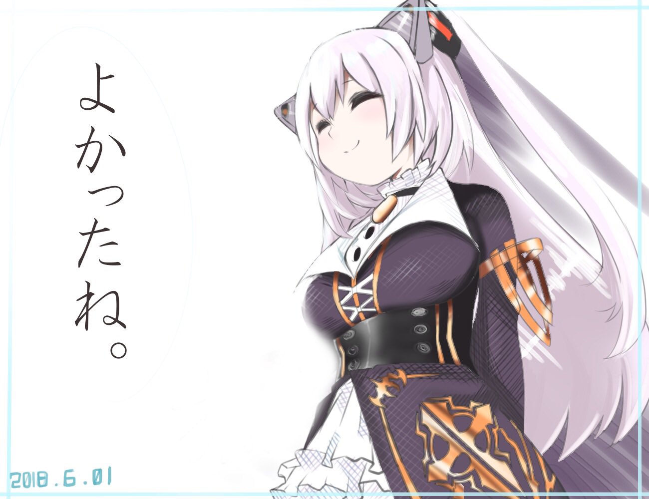 animal_ears bangs black_dress blush cat_ears closed_eyes closed_mouth dated dress gold_trim hair_between_eyes long_hair nora_cat nora_cat_channel pale_skin shichisei_nanakusa silver_hair smile solo translated two_side_up virtual_youtuber
