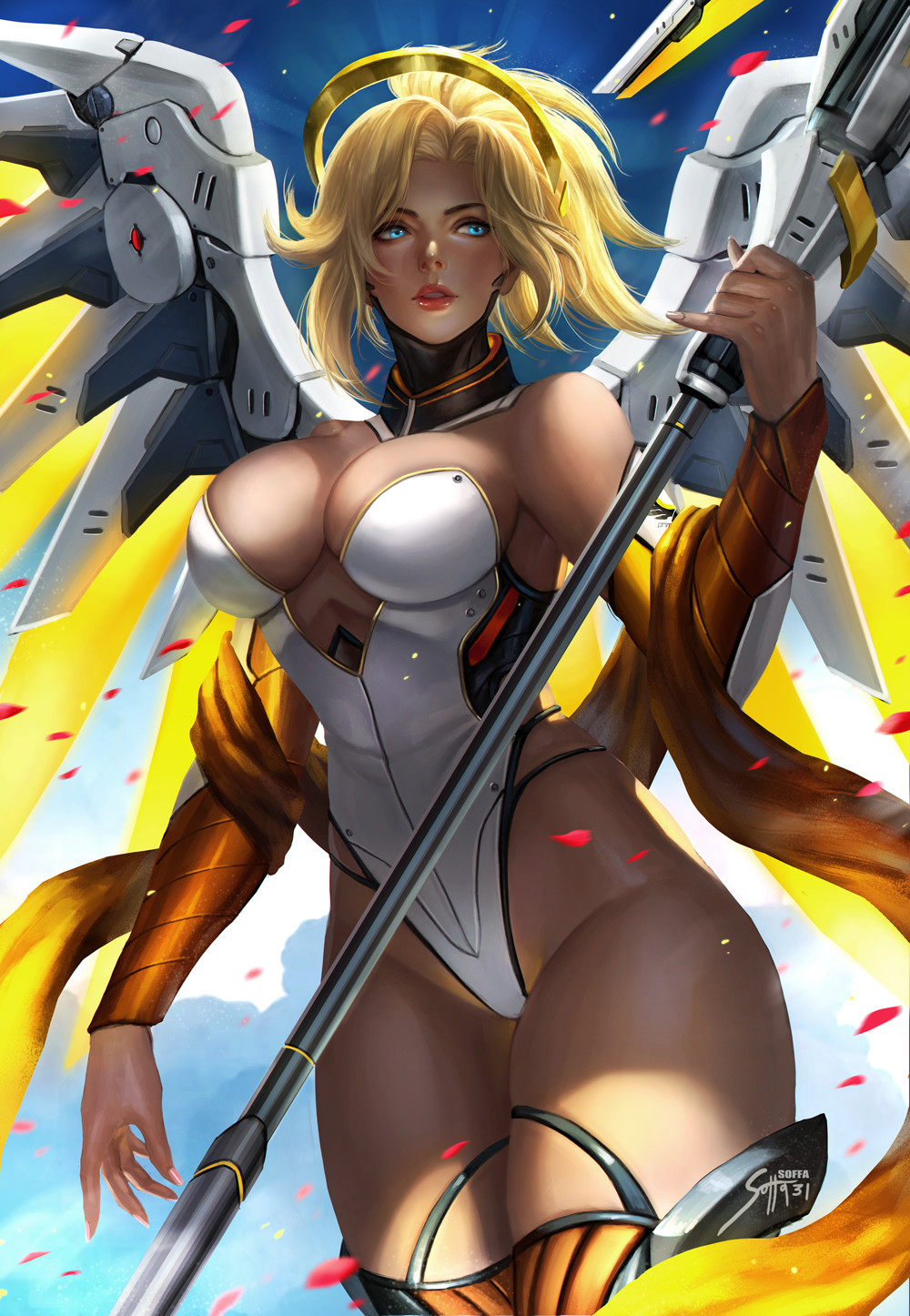 adapted_costume arm_at_side artist_name bangs bare_shoulders blonde_hair blue_eyes breasts center_opening cleavage closed_mouth cloud cowboy_shot day detached_collar detached_sleeves emblem falling_petals fingernails flipped_hair groin halo high_ponytail highleg highleg_leotard highres holding holding_staff holding_weapon legs_together leotard light_particles lips lipstick long_fingernails long_sleeves looking_away makeup mechanical_halo mechanical_wings medium_hair mercy_(overwatch) motion_blur nail_polish nose orange_legwear outdoors overwatch parted_bangs petals pink_lips pink_nails pinky_out ponytail realistic red_lipstick shawl sidelocks sideways_glance signature sky soffa solo spread_wings staff standing thighhighs thighs weapon white_leotard wings