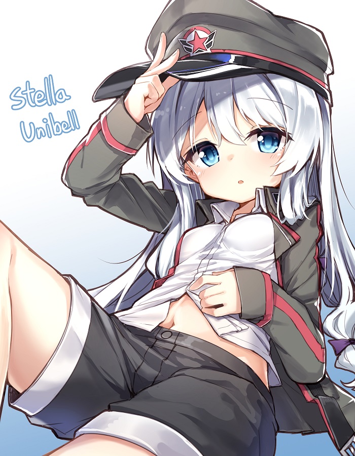 arm_up bangs blue_background blue_eyes blush bow breasts character_name collared_shirt commentary_request darnell eyebrows_visible_through_hair fingernails gradient gradient_background grey_hat grey_jacket grey_shorts hair_between_eyes hair_bow hand_on_headwear hand_on_own_stomach hat jacket korean_commentary long_hair long_sleeves looking_at_viewer military_hat navel open_clothes open_jacket peaked_cap purple_bow shirt short_shorts shorts silver_hair sleeves_past_wrists small_breasts solo soul_worker star stella_unibell very_long_hair white_background white_shirt
