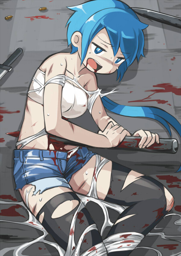 1girl amasaki_ryouko bare_shoulders black_legwear blank_blood blood blood_from_mouth blue_eyes blue_hair cracklecradle denim denim_shorts female guro iken injury knife lying midriff open_mouth panties short_shorts shorts solo thighhighs torn_clothes torn_thighhighs tubetop underwear weapon white_panties