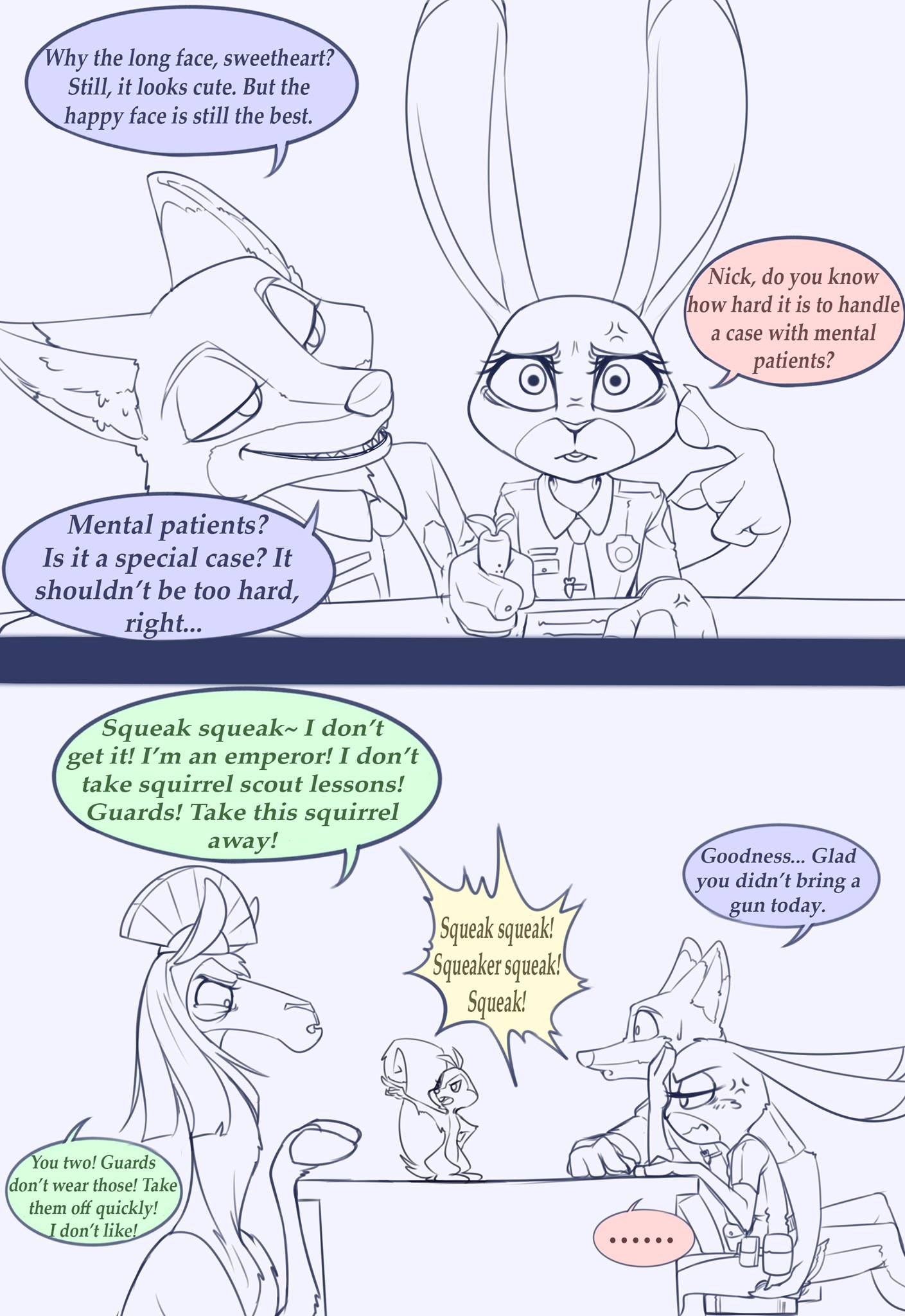 andry anthro camelid canine carrot_pen clothing comic crossover disney english_text female fox fur hi_res judy_hopps kuzco lagomorph llama male mammal nick_wilde pen pokuytred police_uniform rabbit rodent simple_background squirrel text the_emperor's_new_groove uniform white_background zootopia