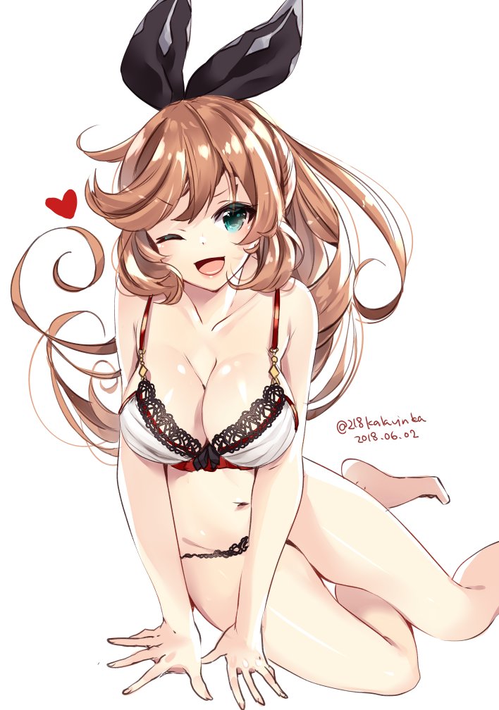 218 2018 ;d aqua_eyes breasts brown_hair clarisse_(granblue_fantasy) cleavage commentary_request granblue_fantasy green_eyes hair_ribbon june long_hair looking_at_viewer navel one_eye_closed open_mouth orange_hair ponytail ribbon smile underwear