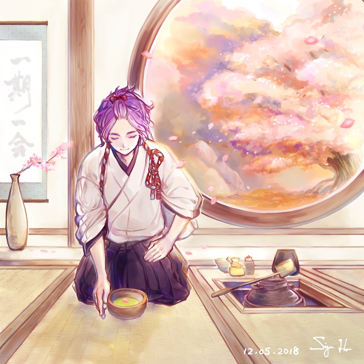 bowl cherry_blossoms closed_eyes hakama hanging_scroll japanese_clothes kasen_kanesada ladle male_focus petals purple_hair scroll seiza sitting siya_ho smile solo tea_ceremony touken_ranbu vase