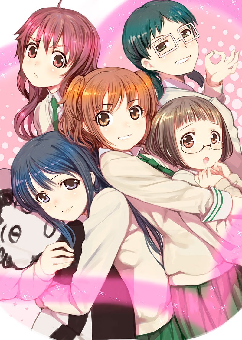 :o blue_hair brown_eyes brown_hair commentary_request dakimakura_(object) enomoto_yuiko girl_sandwich glasses green_eyes green_hair green_neckwear green_skirt grin heart hug hug_from_behind kurahashi_riko light_smile long_hair love_lab low_twintails maki_natsuo mikazuki_akira! mizushima_sayori money_gesture multiple_girls necktie pillow pillow_hug pleated_skirt rectangular_eyewear red_hair sandwiched school_uniform short_hair skirt smile sparkle sweater tanahashi_suzune thick_eyebrows twintails two_side_up