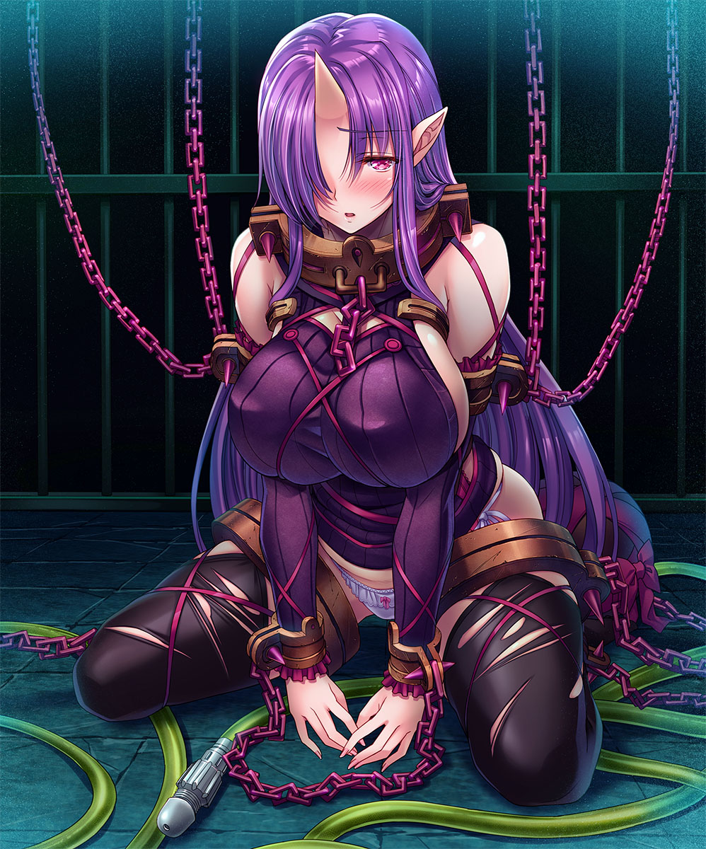 black_legwear blush bow breasts chain collar commentary_request cuffs eyebrows_visible_through_hair frilled_sleeves frills full_body hair_over_one_eye handcuffs hands_together highres horn indoors kneeling large_breasts long_hair looking_at_viewer no_pants oni_horn open_mouth original panties pink_eyes pointy_ears purple_bow purple_hair purple_sweater restrained saijou_satoru shiny shiny_hair side-tie_bottom side-tie_panties sideboob solo sweater thighhighs torn_clothes torn_legwear underwear very_long_hair white_panties