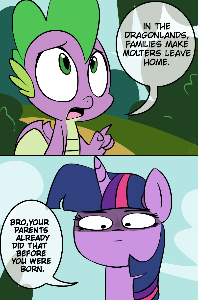 2018 comic dialogue dragon duo emositecc english_text equine female feral friendship_is_magic hair horn mammal multicolored_hair my_little_pony outside scalie spike_(mlp) text twilight_sparkle_(mlp) unicorn wings