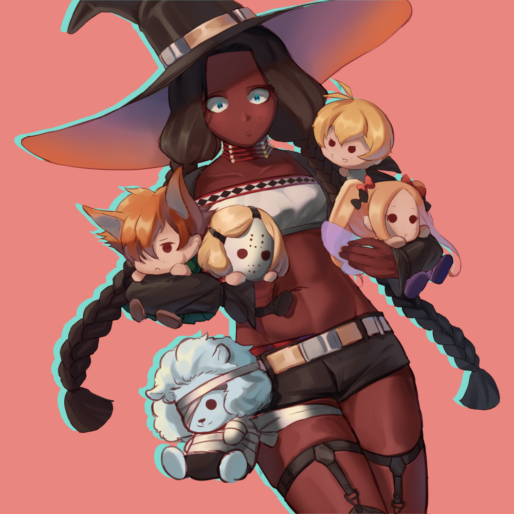 1girl abigail_williams_(fate/grand_order) billy_the_kid_(fate/grand_order) black_hat black_legwear black_shorts blue_eyes breasts character_doll character_request collarbone dark_skin dilaih doll fate/grand_order fate_(series) geronimo_(fate/grand_order) halloween hat holding holding_doll lobo_(fate/grand_order) long_hair looking_at_viewer navel pink_background short_shorts shorts small_breasts standing twintails very_long_hair witch_hat