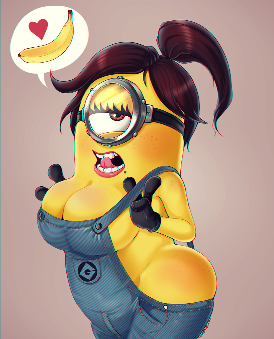 &lt;3 1_eye 2017 3_fingers banana bedroom_eyes blue_bottomwear blue_clothing blue_topwear breasts brown_eyes brown_hair butt button_(fastener) cleavage clothed clothing crossgender despicable_me digital_media_(artwork) female food freckles fruit gloves grey_background hair half-closed_eyes illumination_entertainment lips looking_at_viewer minion_(despicable_me) minions mole_(marking) not_furry overalls pink_lips ponytail red_hair seductive shadman simple_background solo speech_bubble standing thick_thighs tongue tongue_out what what_has_science_done where_is_your_god_now why yellow_skin