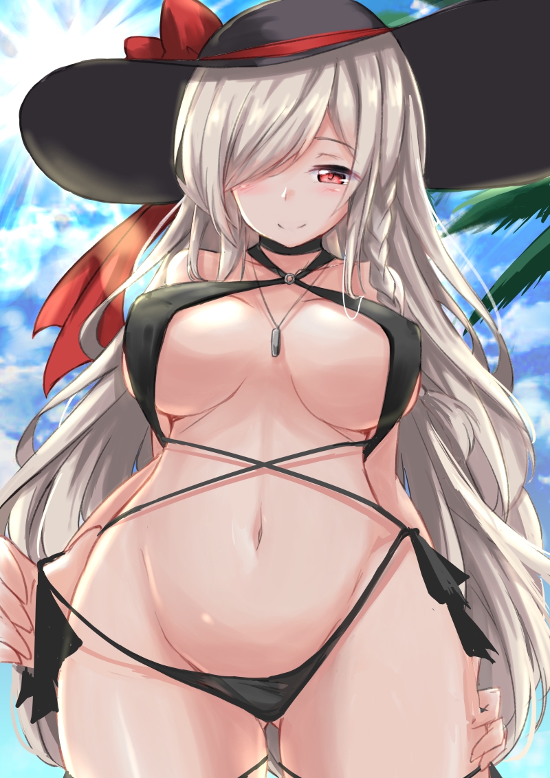 alternate_costume ass_visible_through_thighs bangs bare_shoulders bikini bikini_tug blue_sky blush braid breasts casual cloud collarbone commentary_request cowboy_shot day eyebrows_visible_through_hair from_below g36c_(girls_frontline) girls_frontline groin hair_over_one_eye hakuya_(white_night) hand_on_hip hat jewelry large_breasts light_rays long_hair looking_at_viewer navel necklace o-ring outdoors red_eyes side-tie_swimsuit side_braid sidelocks silver_hair sky smile solo standing stomach sun_hat sunlight swimsuit swimsuit_tug thighs very_long_hair