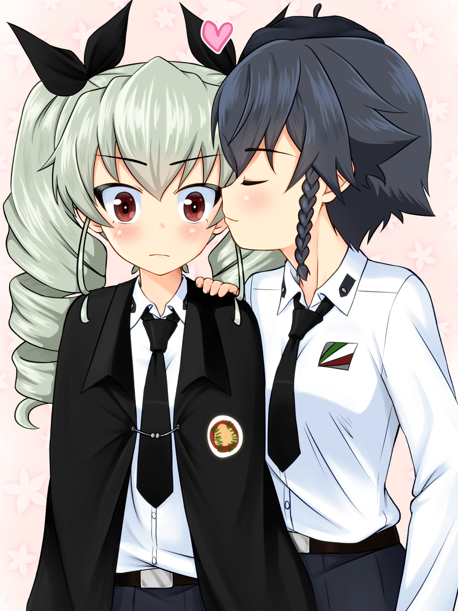 anchovy anzio_(emblem) anzio_school_uniform bangs belt black_belt black_cape black_neckwear black_ribbon black_skirt blush cape closed_eyes closed_mouth commentary_request dress_shirt drill_hair emblem eyebrows_visible_through_hair facing_another girls_und_panzer green_hair hair_ribbon hand_on_another's_shoulder heart highres imminent_kiss long_hair long_sleeves looking_at_viewer multiple_girls necktie partial_commentary pepperoni_(girls_und_panzer) pleated_skirt red_eyes ribbon ruka_(piyopiyopu) school_uniform shirt short_hair skirt standing twin_drills twintails white_shirt wide-eyed wing_collar yuri
