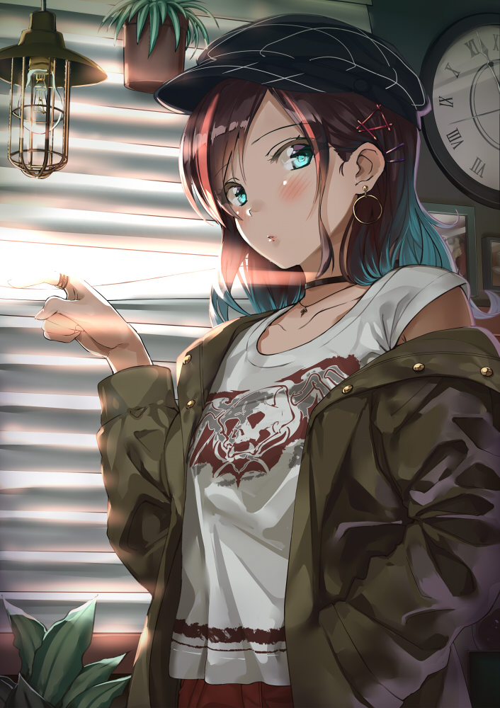 blinds blue_eyes blush cabbie_hat clock commentary earrings hair_ornament hairclip hand_in_pocket hat indoors jacket jewelry kinugasa_yuuichi long_hair off_shoulder original plant potted_plant red_hair ring solo