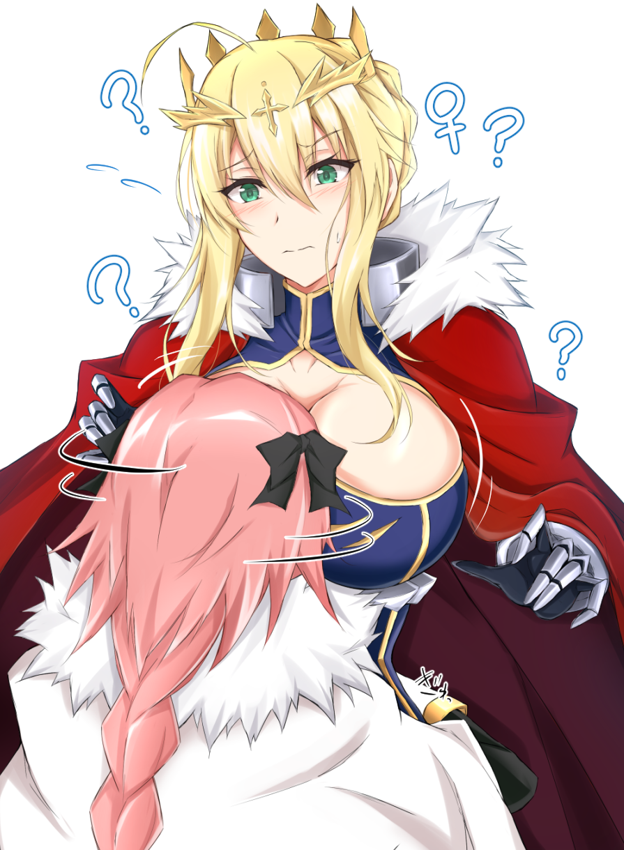 1girl ? ahoge armor artoria_pendragon_(all) artoria_pendragon_(lancer) astolfo_(fate) black_bow black_gloves blonde_hair blush bow braid breasts cape cleavage commentary_request cross crown eyebrows_visible_through_hair face_to_breasts fate/grand_order fate_(series) flying_sweatdrops from_behind fur_trim gloves grabbing green_eyes hair_between_eyes hair_bow head_tilt highres large_breasts long_hair looking_at_another motorboating otoko_no_ko pink_hair piro_(iiiiiiiiii) red_cape sidelocks simple_background venus_symbol white_background white_cape