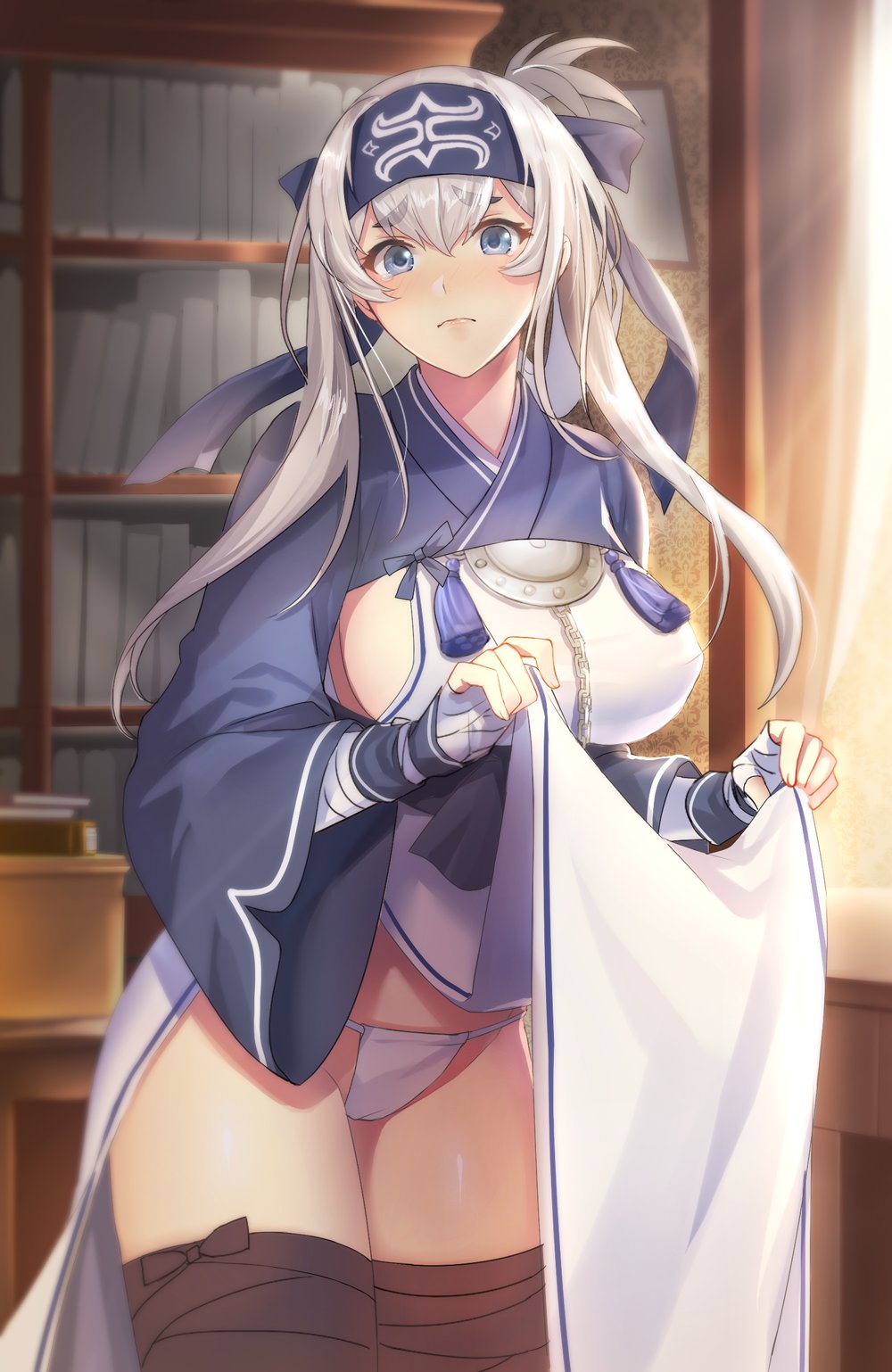 ainu_clothes bandages black_legwear blue_eyes blue_headband blue_jacket blush book bookshelf breasts closed_mouth cowboy_shot cropped_jacket dress dress_lift embarrassed folded_ponytail frown fundoshi headband highres indoors jacket japanese_clothes kamoi_(kantai_collection) kantai_collection large_breasts long_hair looking_at_viewer pantsu_majirou protected_link sidelocks silver_hair solo standing thick_eyebrows thighhighs white_dress wide_sleeves window