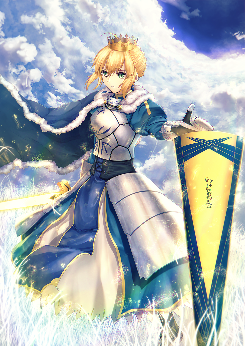 ahoge armor armored_dress artoria_pendragon_(all) avalon_(fate/stay_night) blonde_hair blue_cape braid breastplate cape closed_mouth crown dress expressionless fal fate/grand_order fate/stay_night fate_(series) french_braid gauntlets gloves green_eyes highres looking_at_viewer pixiv_fate/grand_order_contest_2 saber short_hair solo