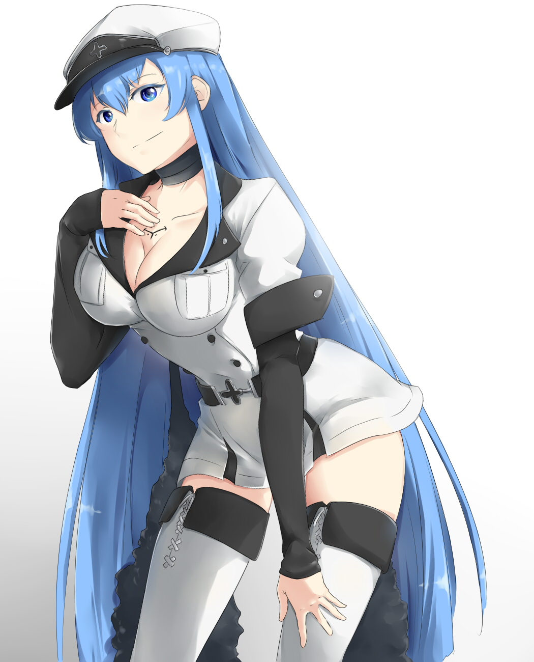 1girl absurdly_long_hair akame_ga_kill! blue_eyes blue_hair boots breasts choker cleavage cowboy_shot esdeath eyebrows_visible_through_hair hair_between_eyes hand_on_lap hat highres jacket large_breasts leaning_forward long_hair long_sleeves military military_hat military_jacket military_uniform saruno_(eyesonly712) shiny shiny_hair short_over_long_sleeves short_sleeves simple_background smile solo standing thigh_boots thighhighs uniform very_long_hair white_background white_footwear white_hat white_jacket zettai_ryouiki