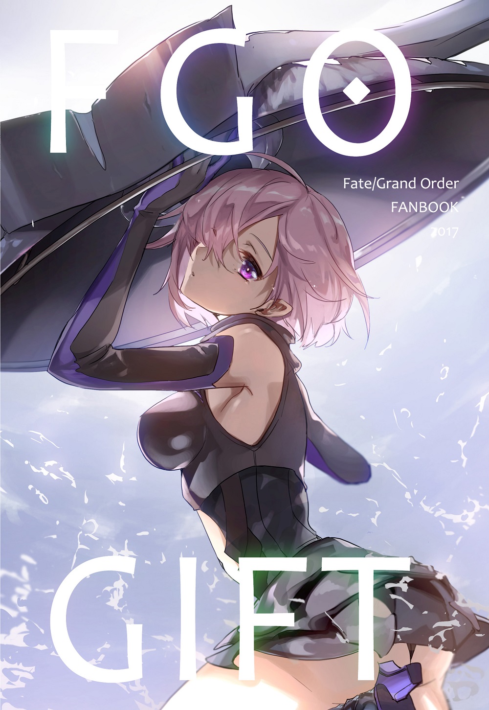 ahoge armor armored_leotard armpits ass bangs black_armor black_gloves black_leotard boobplate boots breastplate breasts cloud commentary_request copyright_name cover cover_page dated detached_sleeves elbow_gloves english fanbook fate/grand_order fate_(series) faulds from_side gloves hair_over_one_eye hand_up head_tilt high_heel_boots high_heels highres holding_shield lavender_hair leg_lift leg_up leotard looking_at_viewer looking_to_the_side mash_kyrielight multicolored multicolored_clothes no-kan outdoors pink_hair purple_eyes purple_gloves pursed_lips shield short_hair sideboob sky standing standing_on_one_leg thighs turning_head