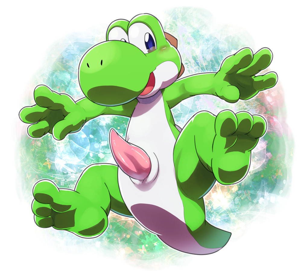 2018 3_toes 4_fingers barefoot blue_eyes blush dinosaur erection feet green_yoshi hindpaw jumping male mario_bros nintendo nude ofuro open_mouth paws penis scalie soles solo toes video_games yoshi