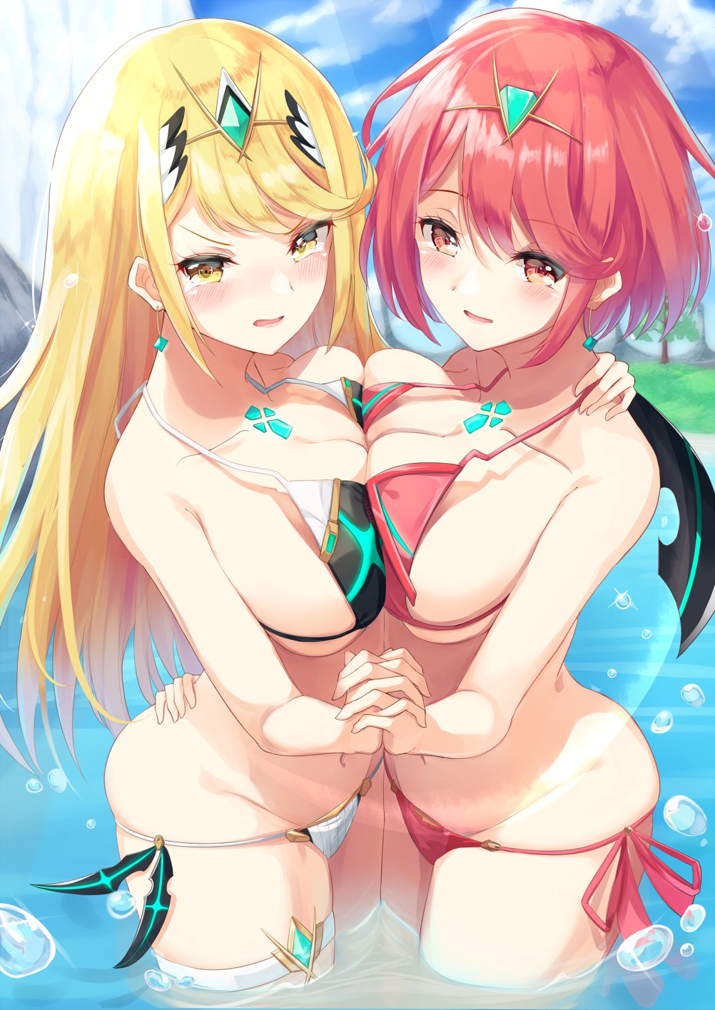 blonde_hair breasts docking embarrassed hand_holding highres hikari_(xenoblade_2) hips homura_(xenoblade_2) igakusei nintendo orange_eyes panties red_hair swimsuit thighs tiara underwear xenoblade_(series) xenoblade_2 yellow_eyes