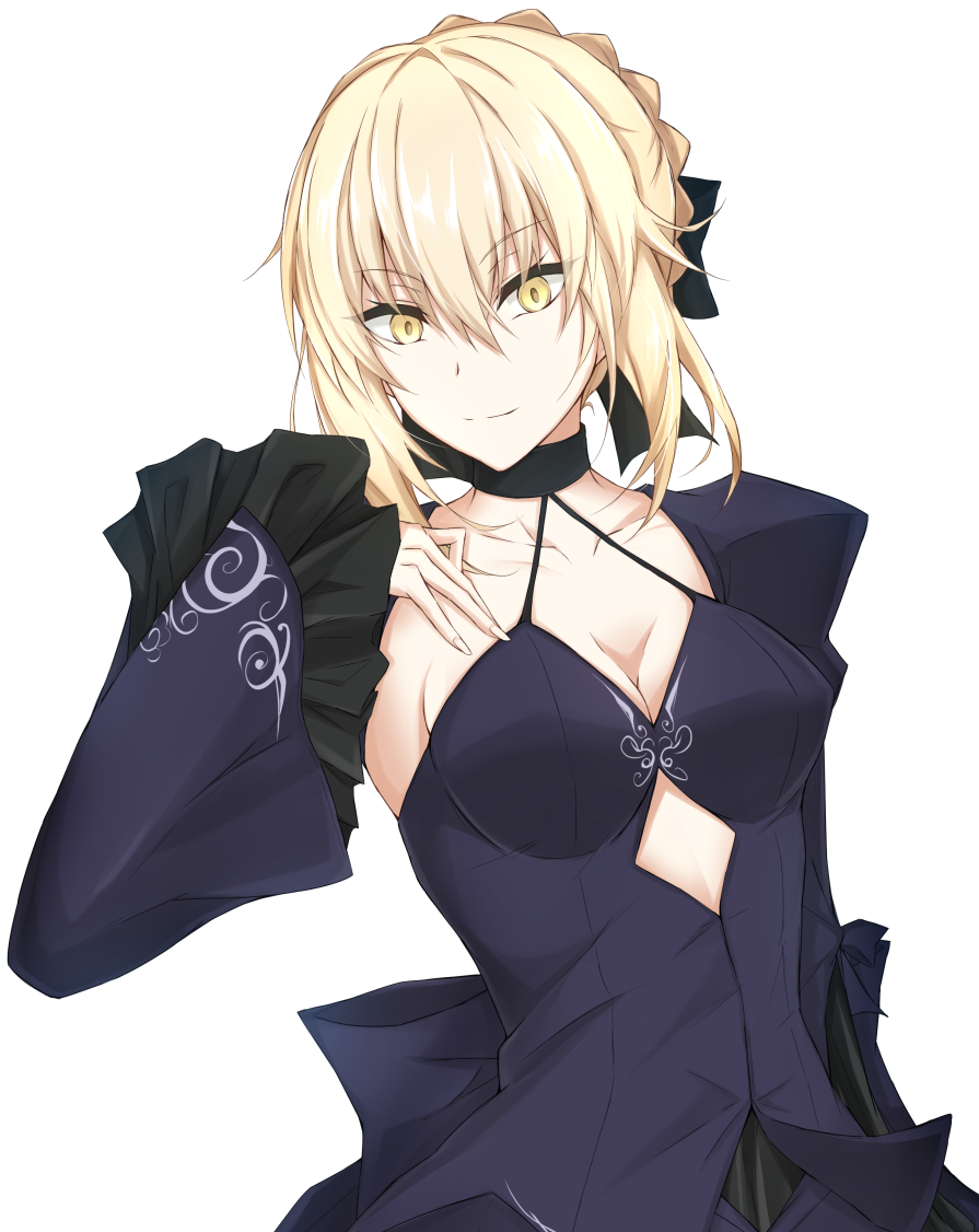 artoria_pendragon_(all) black_choker black_dress black_ribbon blonde_hair breasts choker cleavage collarbone commentary_request dress fate/grand_order fate_(series) frills gothic_lolita hair_between_eyes hair_ribbon hand_on_own_chest hand_up juliet_sleeves lolita_fashion long_sleeves looking_at_viewer medium_breasts piro_(iiiiiiiiii) puffy_sleeves ribbon saber_alter short_hair simple_background smile upper_body white_background wide_sleeves yellow_eyes