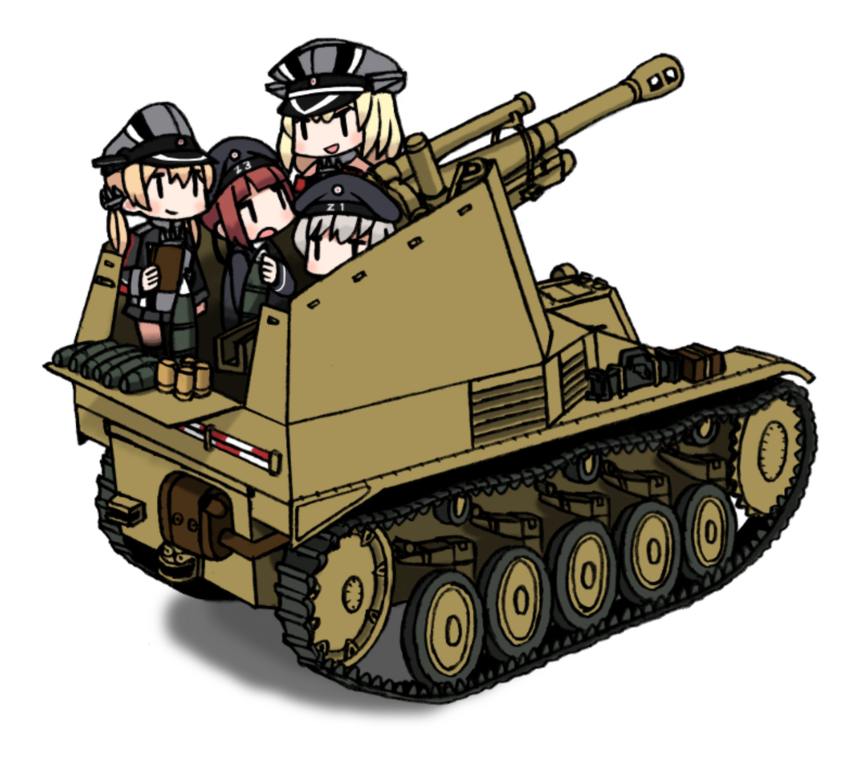 bismarck_(kantai_collection) chibi commentary_request ground_vehicle iiyatsu_(stormtrooperh) kantai_collection military military_vehicle motor_vehicle multiple_girls prinz_eugen_(kantai_collection) self-propelled_gun short_hair tank wespe_spg white_background z1_leberecht_maass_(kantai_collection) z3_max_schultz_(kantai_collection)