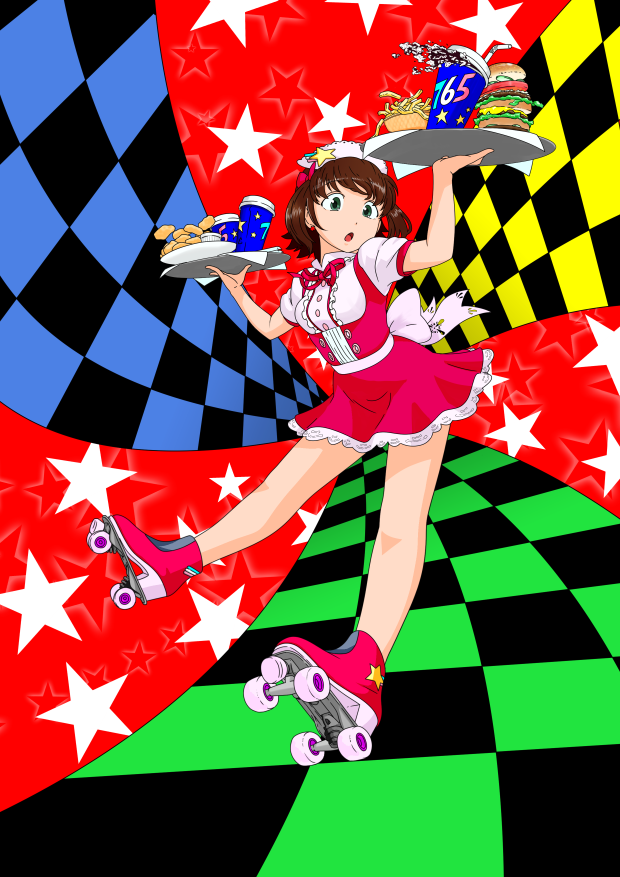 :o abstract_background amami_haruka back_bow bare_legs bendy_straw bow brown_hair center_frills checkered checkered_background commentary_request cup disposable_cup dress drinking_straw food full_body green_eyes hamburger holding holding_tray idolmaster idolmaster_(classic) outstretched_legs pink_bow red_background red_dress red_neckwear red_ribbon ribbon roller_skates shirt short_hair short_sleeves skates soda solo spilling star starry_background todoroki_convoy tray underbust waitress wheel white_shirt