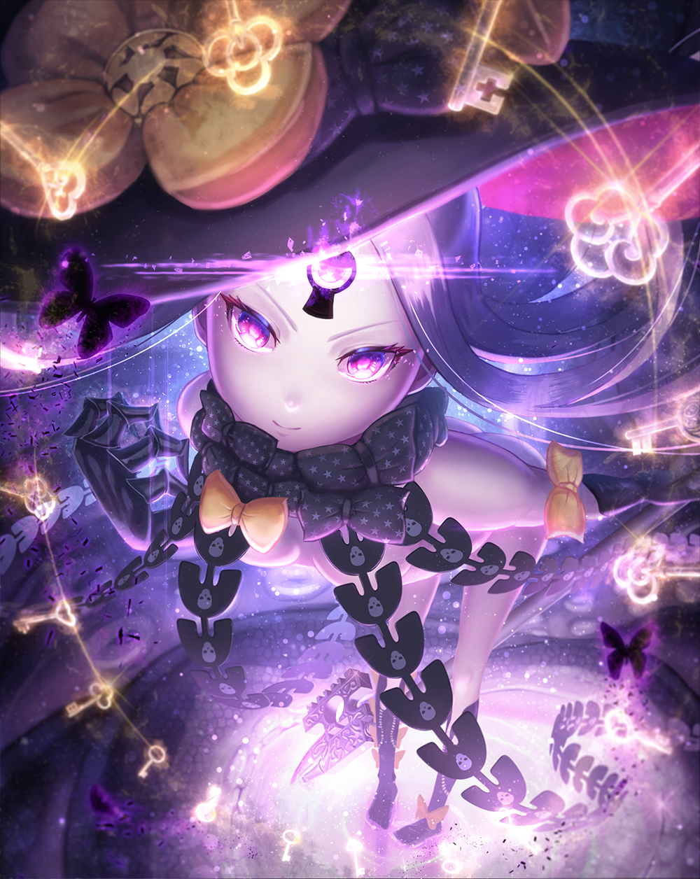 abigail_williams_(fate/grand_order) ass black_bow black_legwear bow bow_legwear breasts bug butterfly commentary_request fate/grand_order fate_(series) glowing glowing_eye hat hat_bow highres insect key keyhole long_hair looking_at_viewer nekoneko_jun2_123 orange_bow pixiv_fate/grand_order_contest_2 purple_eyes revealing_clothes skull_print small_breasts solo star star_print tentacles thighhighs third_eye very_long_hair