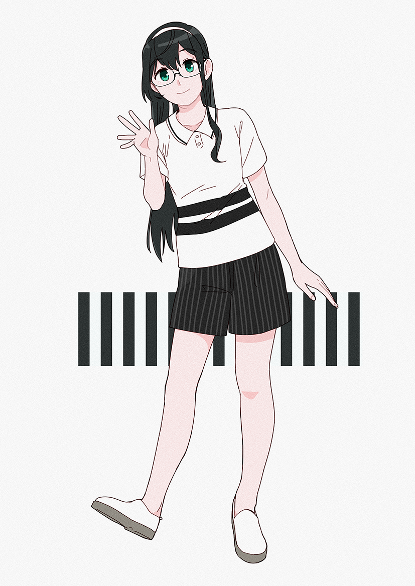 alternate_costume black_hair black_shorts casual full_body glasses green_eyes hairband kantai_collection leaning_to_the_side long_hair ojipon ooyodo_(kantai_collection) semi-rimless_eyewear shirt shorts solo standing striped striped_shirt striped_shorts under-rim_eyewear waving white_background white_footwear white_shirt