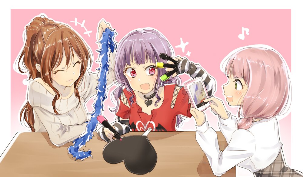 3girls :d ^_^ bang_dream! bangs between_fingers brown_hair cellphone closed_eyes commentary_request elbow_gloves feather_boa fingerless_gloves gloves gradient gradient_background grey_sweater half_updo heart heart_print high-waist_skirt holding holding_phone imai_lisa long_hair long_sleeves low_twintails marker muchise multiple_girls musical_note open_mouth outline phone pink_background pink_hair plaid plaid_skirt purple_hair red_eyes red_shirt ribbed_sweater shirt shoulder_cutout skirt smartphone smile sparkle striped striped_gloves sweater table taking_picture twintails udagawa_ako uehara_himari white_outline white_shirt