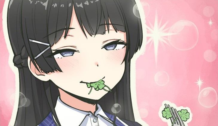 black_hair blush braid clover collared_shirt commentary_request cropped eating eyebrows_visible_through_hair fork four-leaf_clover french_braid hair_ornament hairclip half-closed_eyes jacket long_hair nijisanji outline pas_(paxiti) portrait purple_eyes shirt smile solo sparkle tsukino_mito white_outline white_shirt wing_collar