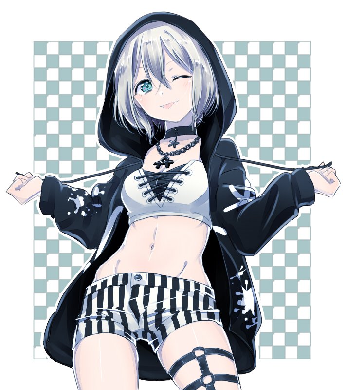 ;p aoba_moka aqua_eyes bang_dream! black_choker black_jacket chain_necklace checkered checkered_background choker clenched_hands commentary_request cowboy_shot crop_top cross-laced_clothes drawstring groin hair_between_eyes hood hood_up hooded_jacket jacket jewelry long_sleeves looking_at_viewer midriff muchise navel o-ring one_eye_closed paint_stains pendant short_hair short_shorts shorts solo splatter_print striped thigh_strap tongue tongue_out vertical-striped_shorts vertical_stripes white_hair