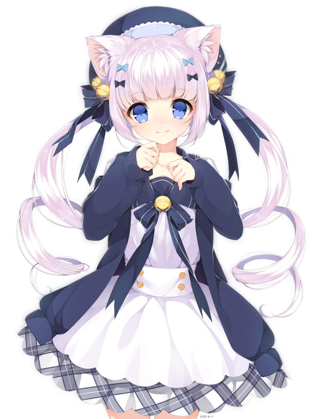 bangs bell blue_eyes bow cat_ears commission dress drill_hair hair_bell hair_ornament hat highres jingle_bell looking_at_viewer original runastark sailor_collar school_uniform smile twintails white_hair