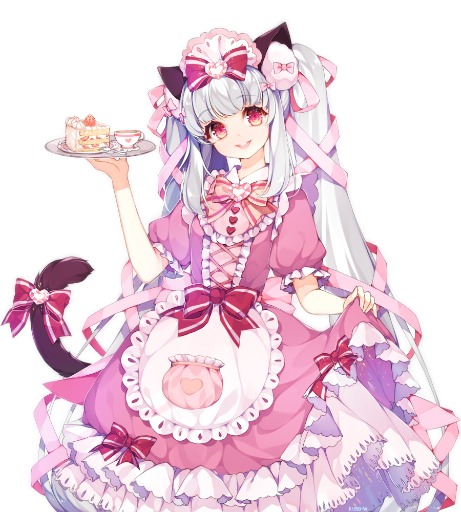 bangs bow cake cat_ears cat_tail commission cup dress food frilled_dress frills hairband lolita_fashion lolita_hairband long_hair looking_at_viewer maid maid_headdress open_mouth original pink_eyes runastark skirt_hold smile tail tail_bow teacup twintails white_hair