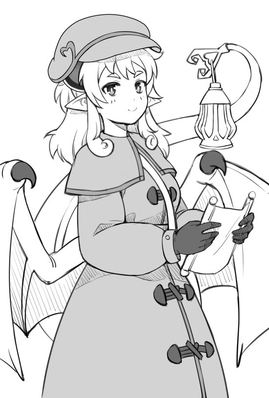 capelet closed_mouth coat commentary_request demon_girl demon_horns demon_wings gloves greyscale holding horns lantern lilim_(monster_girl_encyclopedia) long_hair long_sleeves looking_at_viewer maritan_(pixelmaritan) monochrome monster_girl_encyclopedia pointy_ears prehensile_tail scroll short_hair simple_background smile solo standing tail white_background wings