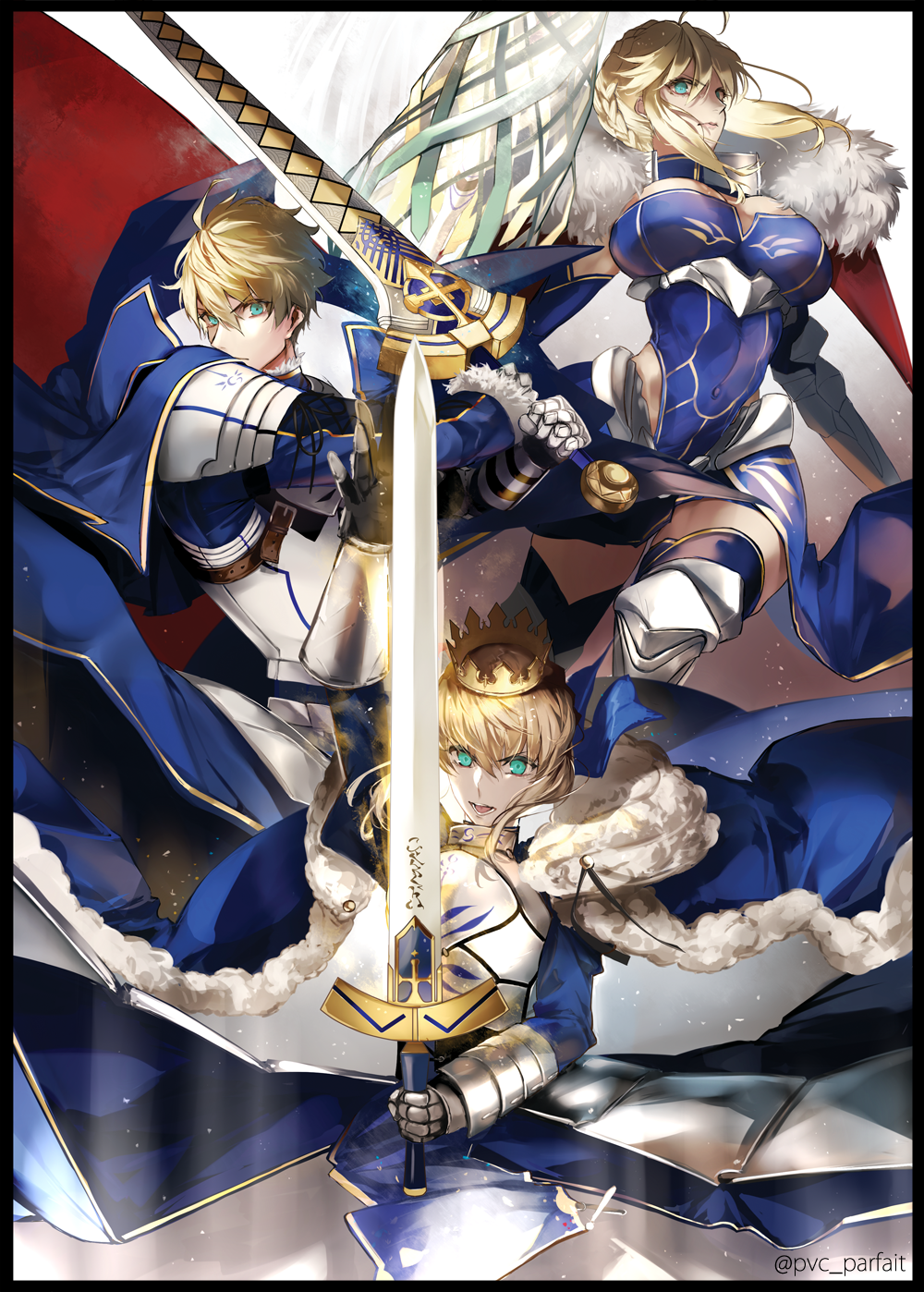 2girls ahoge armor armored_dress arthur_pendragon_(fate) artoria_pendragon_(all) artoria_pendragon_(lancer) black_border blonde_hair border bow breasts cape commentary crown dress elbow_gloves excalibur excalibur_(fate/prototype) fate/extella fate/extra fate/grand_order fate/prototype fate/stay_night fate_(series) fur_trim gauntlets gloves green_eyes hair_between_eyes highres holding holding_sword holding_weapon large_breasts multiple_girls pixiv_fate/grand_order_contest_2 pvc_parfait rhongomyniad saber short_hair sword twitter_username weapon