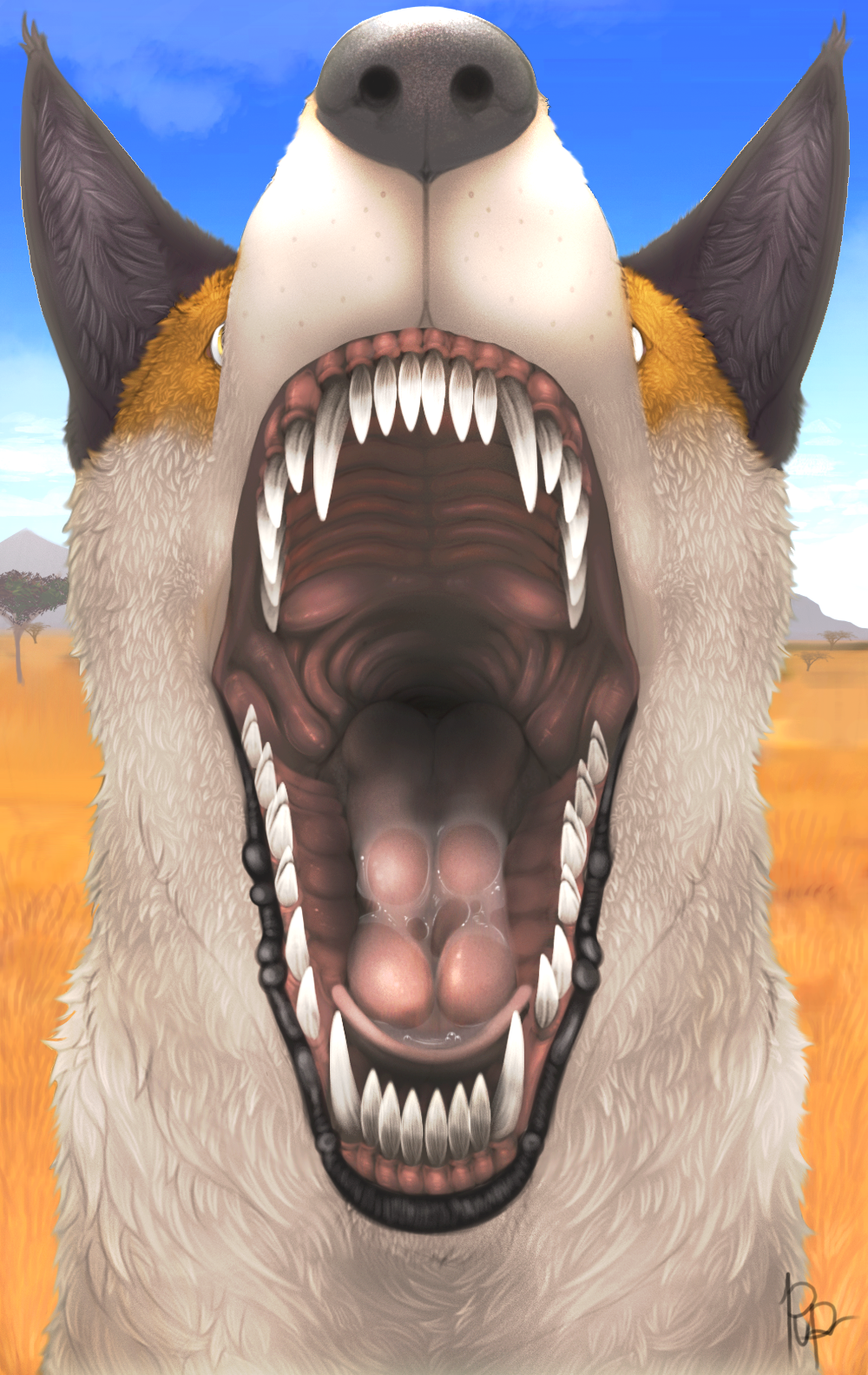 2018 alphaschakal black_fur black_lips canine detailed_background digital_media_(artwork) fangs feral front_view fur gaping_mouth jackal male male_pred mammal mouth_shot open_mouth pink_tongue saliva savanna shadow_pup23 solo throat tongue vore white_fur yellow_fur