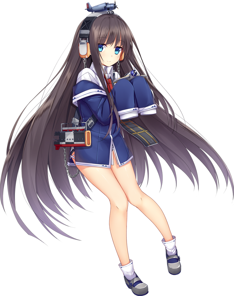 aircraft aixioo azur_lane bare_legs black_hair blue_eyes chain flight_deck full_body headphones long_hair long_island_(azur_lane) long_sleeves looking_at_viewer machinery mary_janes necktie no_pants object_on_head official_art shoes sleeves_past_fingers sleeves_past_wrists smile solo tachi-e transparent_background very_long_hair
