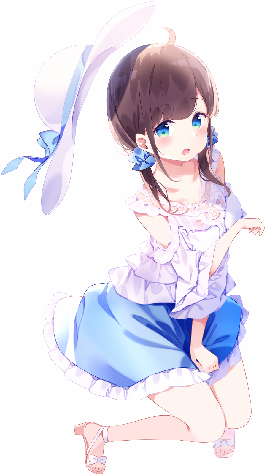 bangs blue_eyes blue_scrunchie blue_skirt blush bow breasts brown_footwear brown_hair chikuwa. commentary_request eyebrows_visible_through_hair full_body hair_ornament hair_scrunchie hat hat_removed headwear_removed highres long_hair long_sleeves looking_at_viewer low_twintails medium_breasts open_mouth original sandals scrunchie shirt shoulder_cutout simple_background skirt solo sun_hat twintails white_background white_bow white_hat white_shirt wide_sleeves
