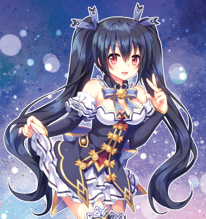 :d bare_shoulders black_hair breasts choker cleavage detached_collar detached_sleeves frilled_skirt frills garter_straps hair_between_eyes hair_ribbon leaning_forward long_hair looking_at_viewer medium_breasts narinn neptune_(series) noire open_mouth red_eyes ribbon ribbon-trimmed_skirt ribbon_choker ribbon_trim skirt skirt_hold smile solo thighhighs twintails very_long_hair white_skirt