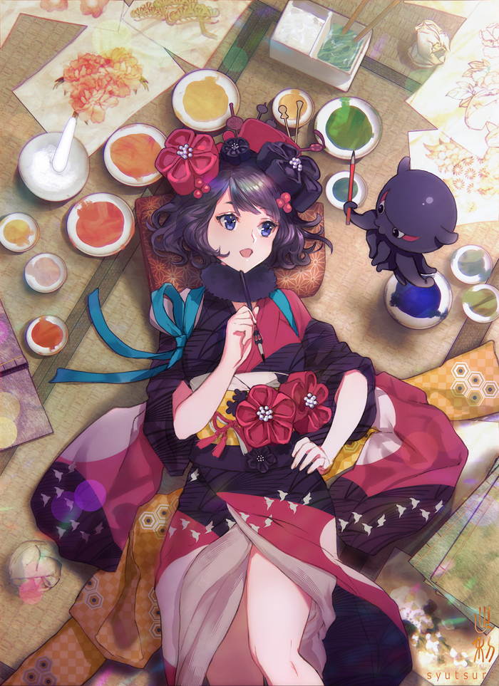 :d artist_name bangs black_hair blue_eyes bowl calligraphy_brush commentary_request crumpled_paper eyeshadow fate/grand_order fate_(series) hair_ornament hair_stick hairpin hand_on_hip hand_up holding holding_pencil japanese_clothes katsushika_hokusai_(fate/grand_order) kimono lens_flare lying makeup mortar obi octopus on_back on_floor open_mouth paint paintbrush paper pencil pestle picture_(object) pixiv_fate/grand_order_contest_2 purple_eyes purple_hair purple_kimono sash short_hair shutsuri signature smile solo tatami tokitarou_(fate/grand_order)