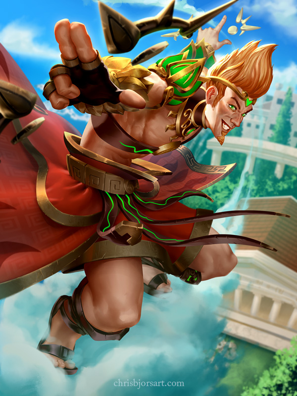 abs alternate_costume apollo_(smite) beard blonde_hair chest chris_bjors circlet facial_hair fingerless_gloves gloves green_eyes jewelry male_focus necklace official_art sandals shirtless sky smite solo teeth tree
